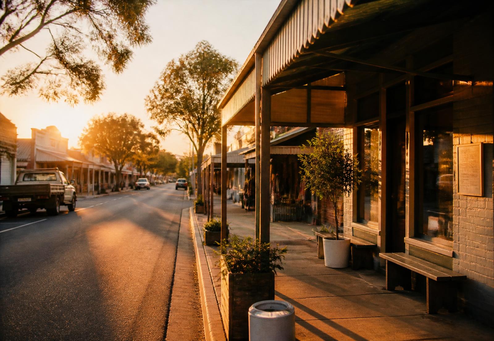 An Australian main street of small-business shopfronts at golden hour